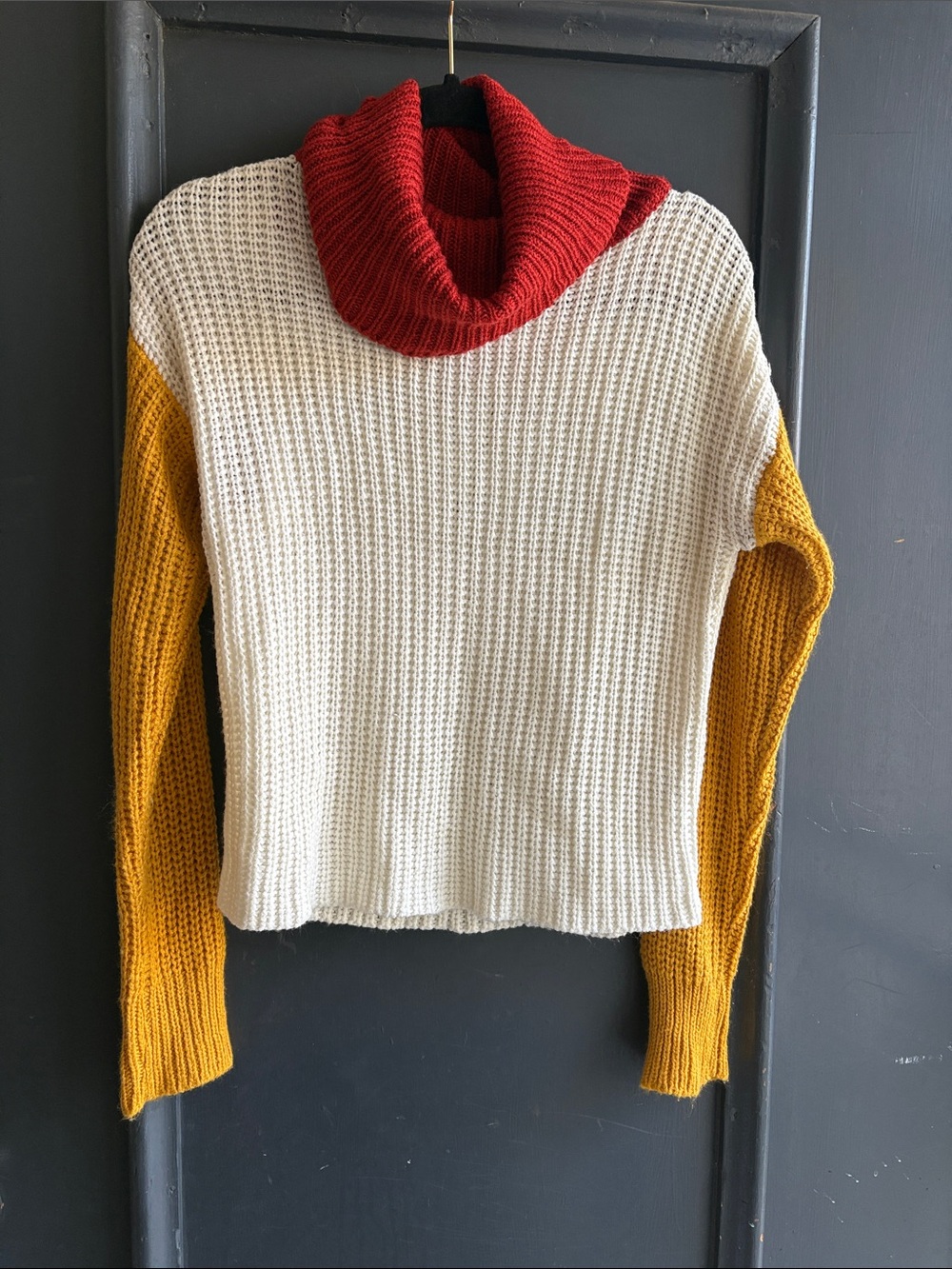 LOVE by Chelsey  Colorblock Cowl Neck Sweater in Cream, Mustard & Red